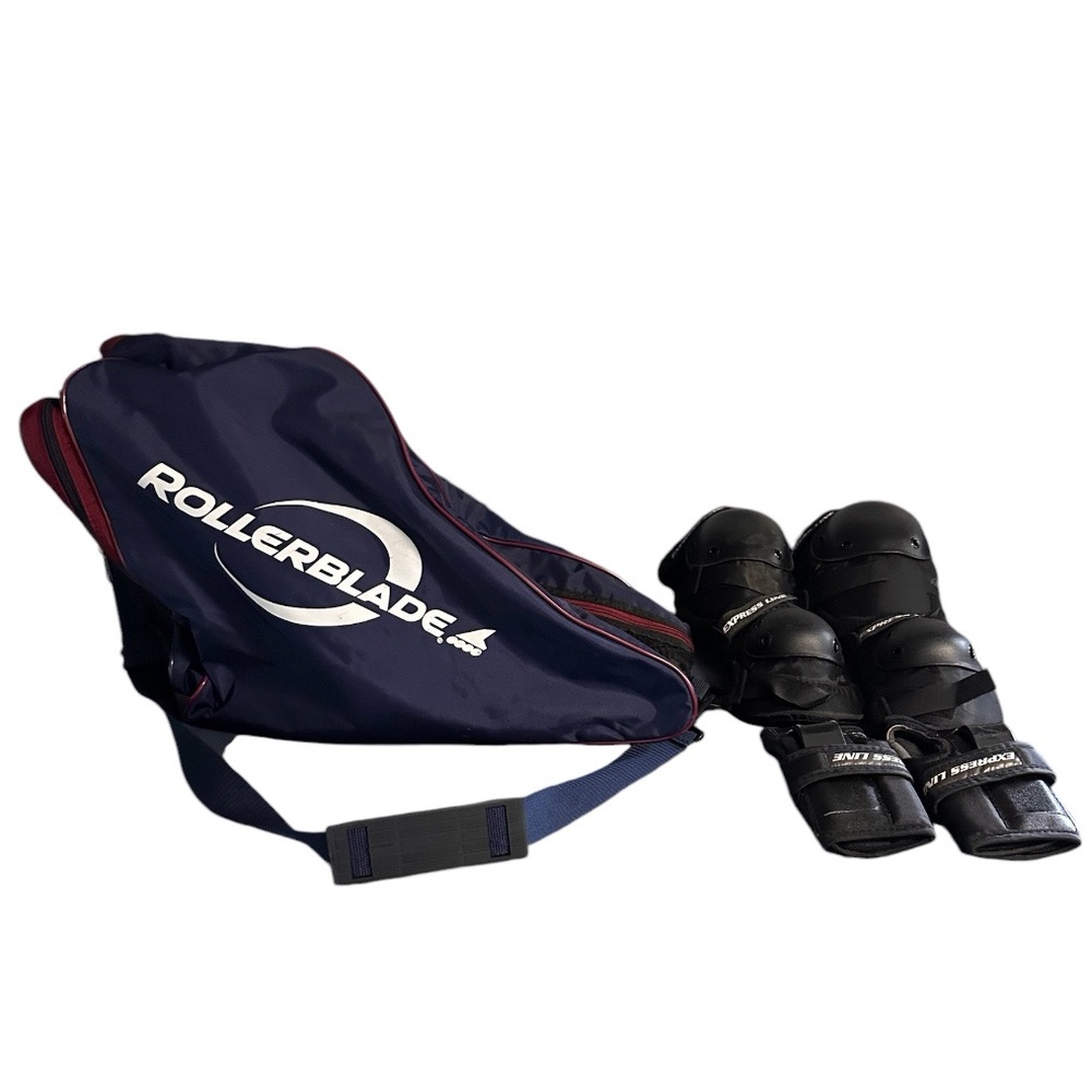 Vtg. Rollerblade Portable Skate Bag Pockets and Carrying Strap Blue Wrist Guards
